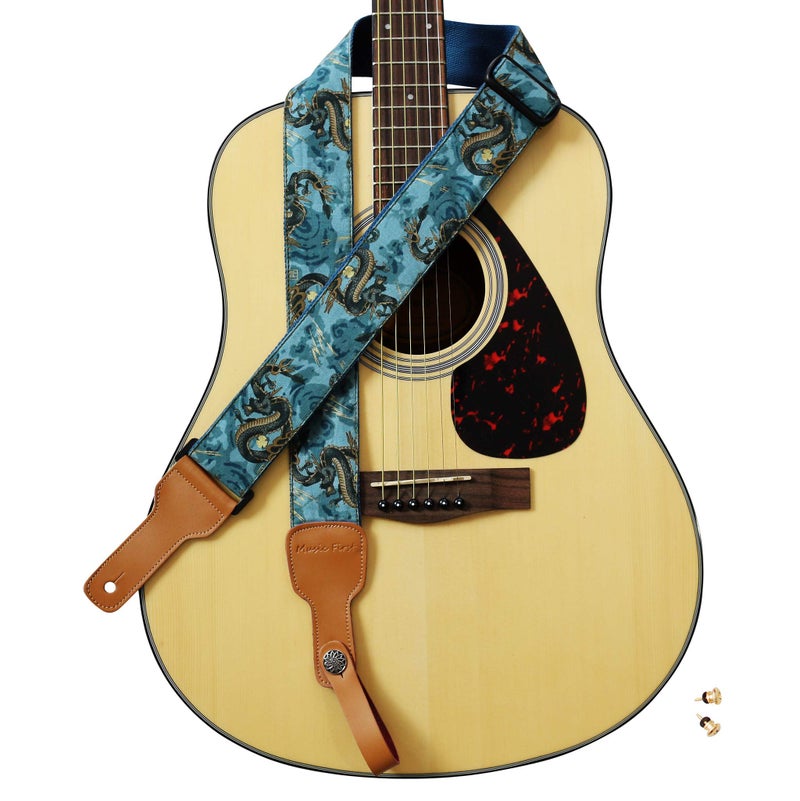 MUSIC FIRST Original Design, 2 inch width (5cm), Ukiyoe Style â€œThe Dragon Kingâ€ Soft Muslin & Genuine Leather Delux Guitar Strap,Electric Guitar Straps - Image 1